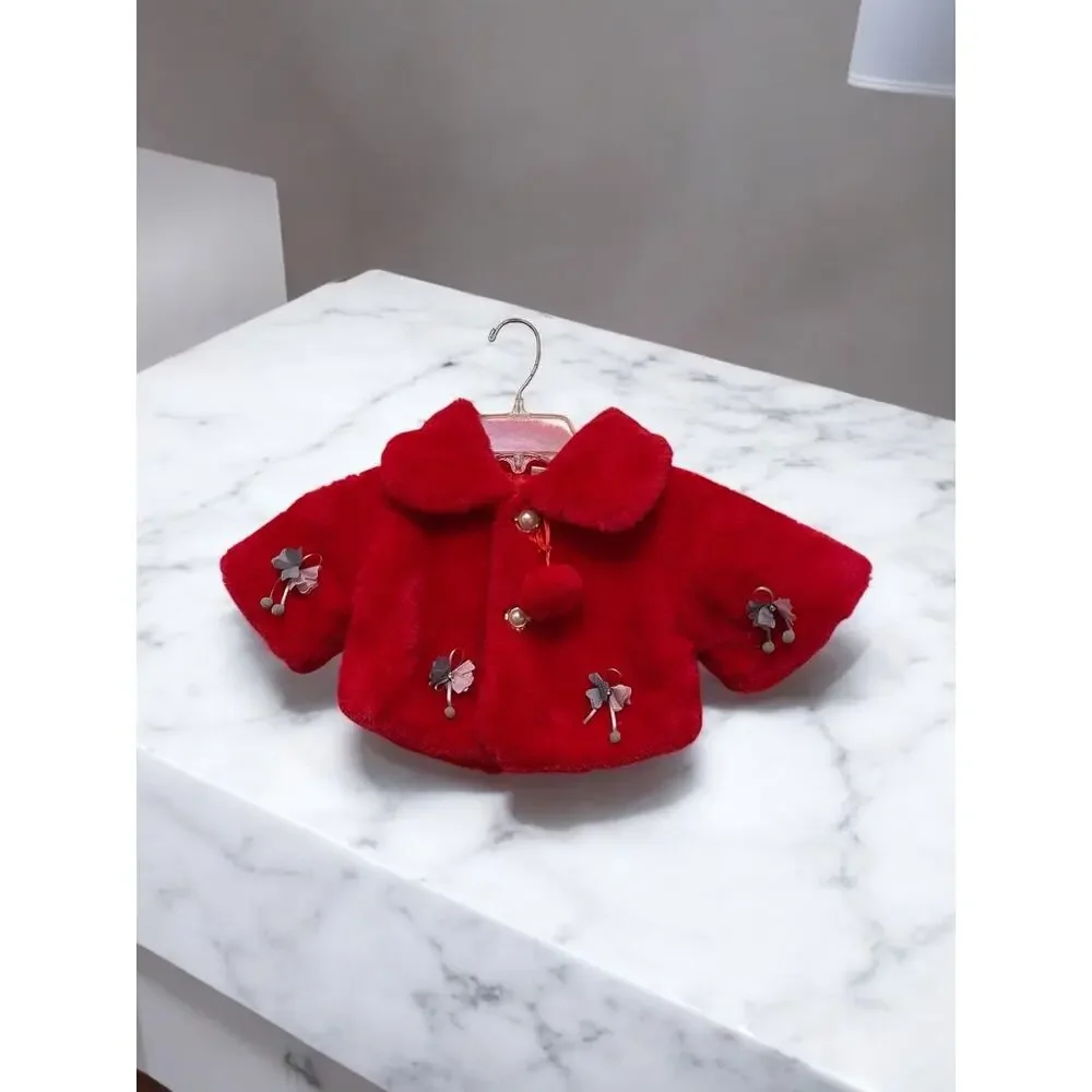 Red Fluffy Jacket Cape Coat Little Girls Pom Poms Flowers No brand Size Large